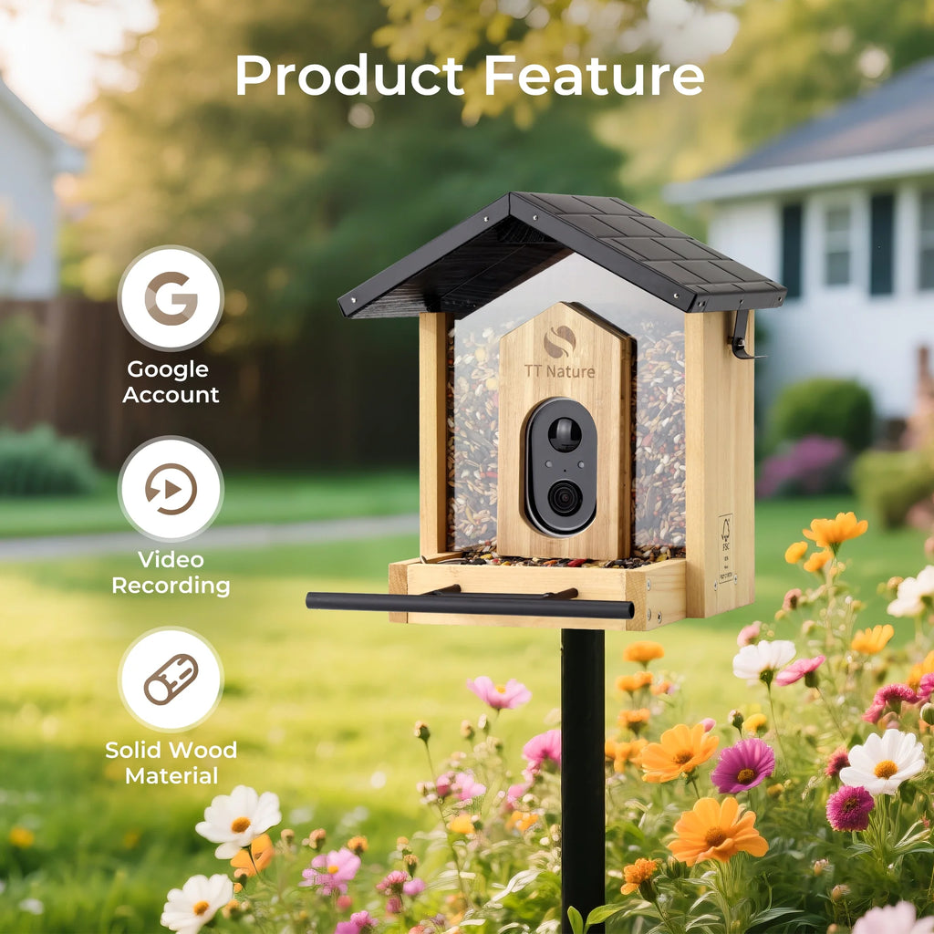 TT Nature Bird Feeder with Camera, AI Identify 10,000+ Species, Auto Capture, Real-Time Notifications, Upgraded for Bird Watching with Solar Panel, Perfect Gift for Bird Lovers