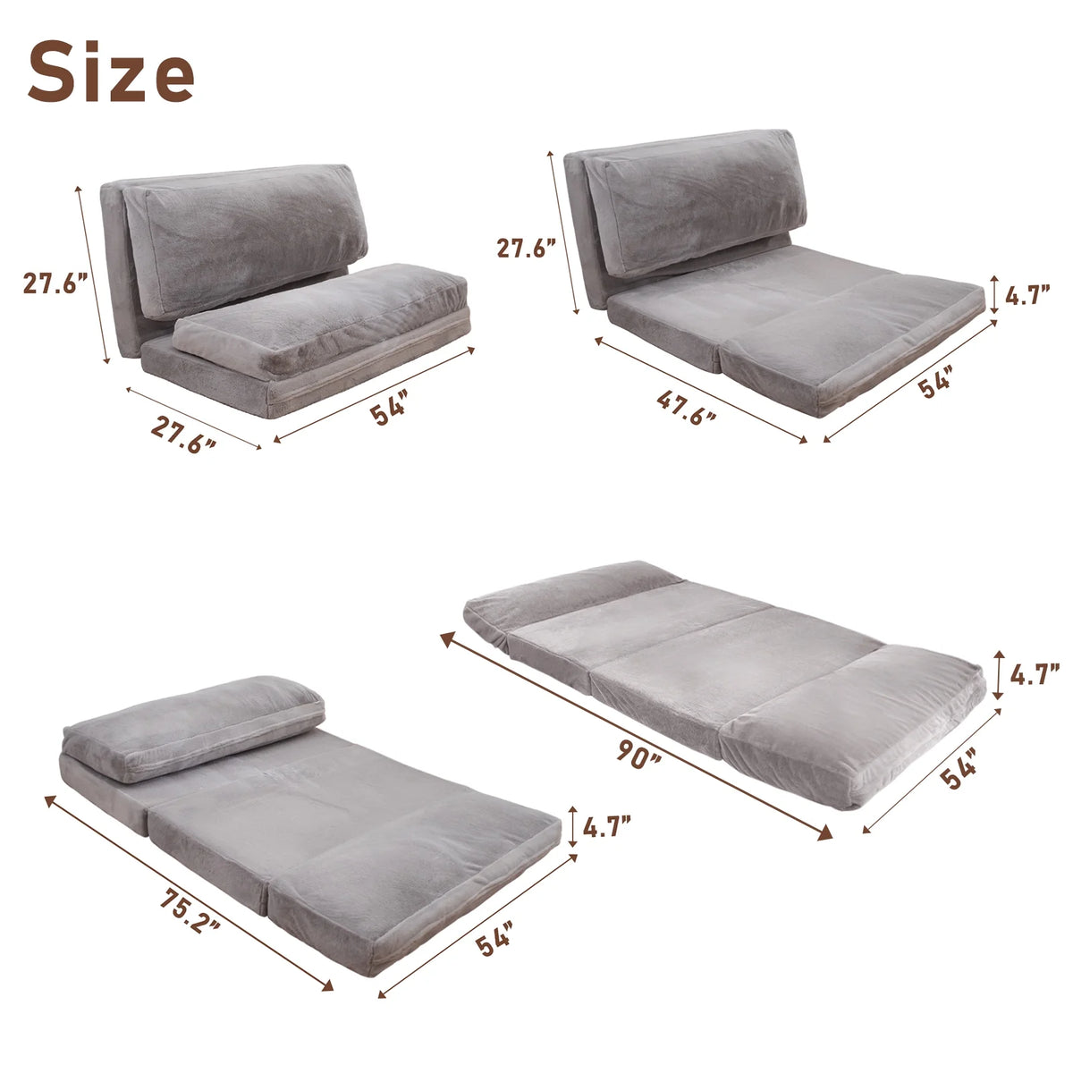 Folding Sofa Bed,Extra Thick and Long Fluffy 4 Position Convertible Flip Lounge Chair,Foam Filling Folding Matress Sofa Bean Bag with Washable Cover,Grey,39x95 Inch