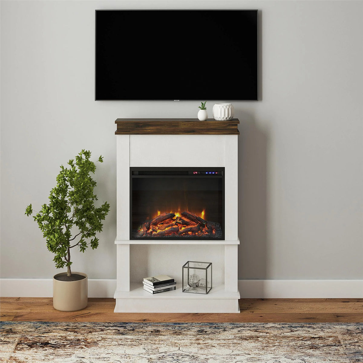 Mateo Electric Fireplace with Mantel and Open Shelf, Black with Natural