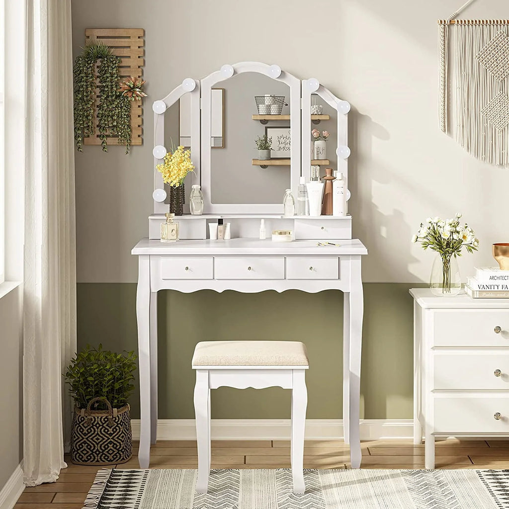 Makeup Vanity Set Desk Table with with Lights & Tri-Folding Mirror,Dressing Table with Cushion Stool & 5 Drawers, White