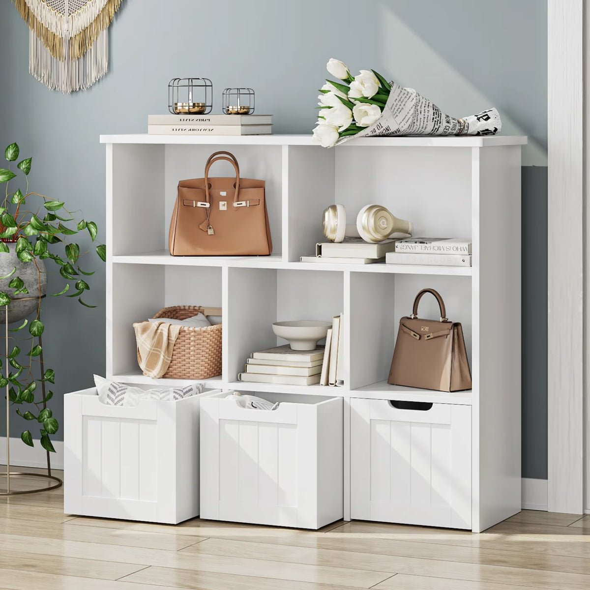 Homfa Toy Storage Organizer with 3 Movable Drawers, 5 Cube Kids Bookcase for Playroom, Storage Cabinet for Living Room, White Finish