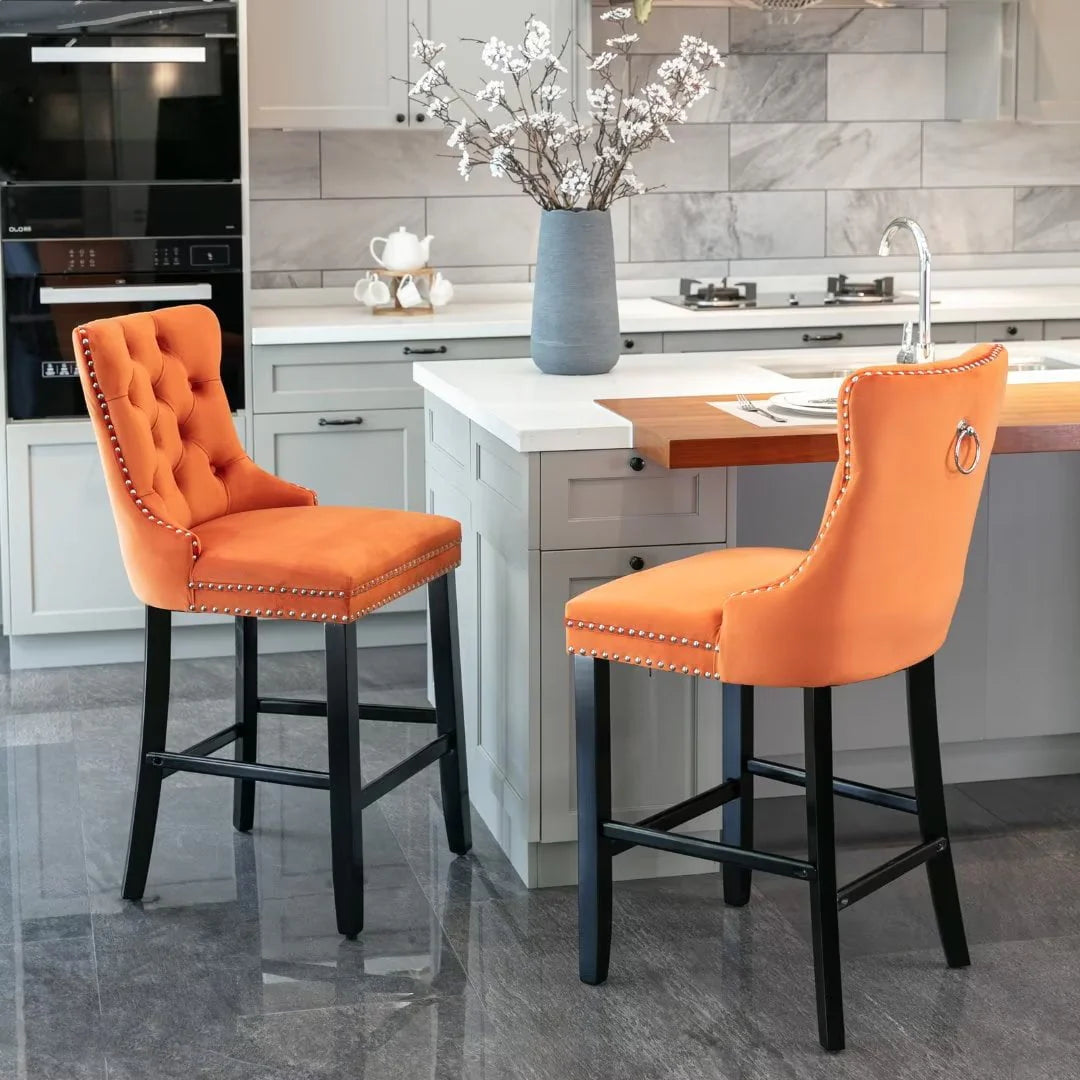 Velvet Bar Stools Set of 2, Upholstered Counter Height Bar Chair with Rivet and Button Trim, Bar Stool with Back and Footrest, for Dining Room, Kitchen, Pub, Gray