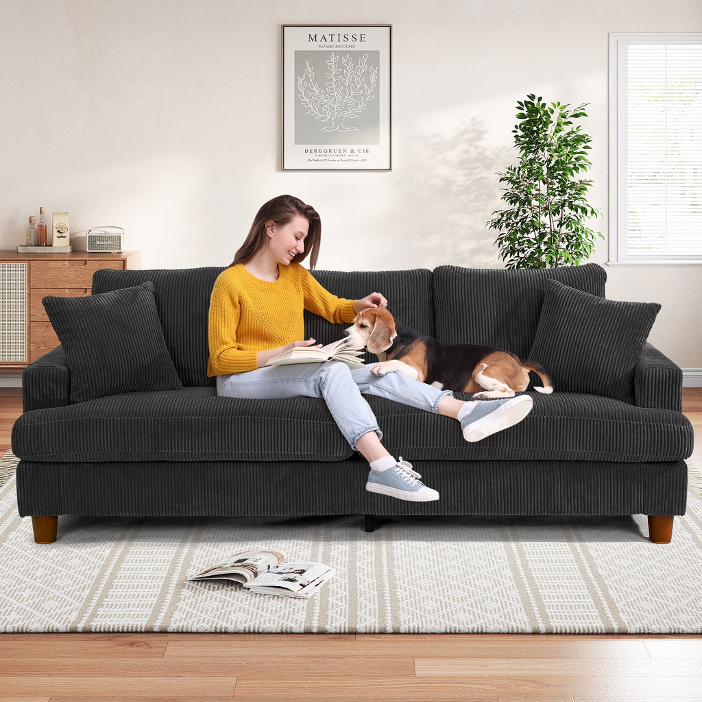 87" Corduroy Sofa,3 Seater Sofa with Extra Deep Seats,Neche Comfy Upholstered Couch for Living Room,2 Pillows,Green
