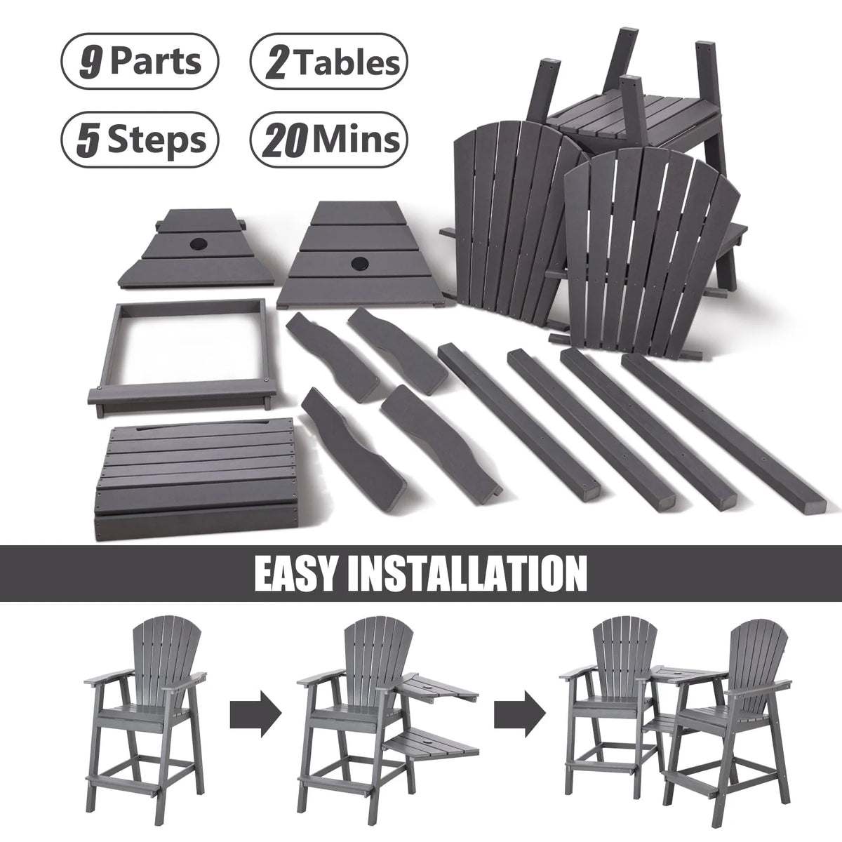 Tall Adirondack Chairs Set of 2，Outdoor Adirondack Barstools with Double Connecting Tray Patio Stools Weather Resistant for Outdoor Deck Lawn Pool Backyard,Grey