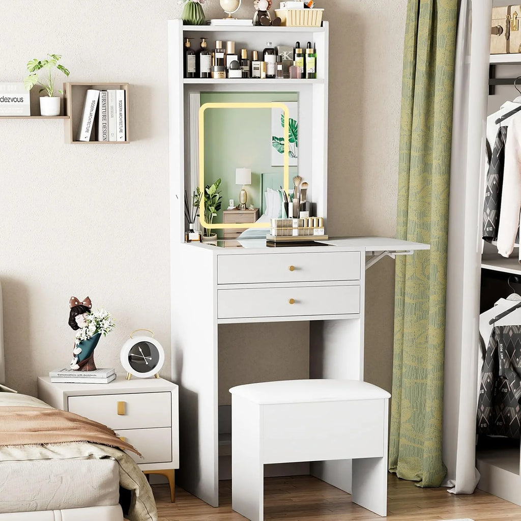 Montary Modern Mini Vanity w/Adjustable LED Mirror + Hidden Storage, Padded Stool & Dustproof Shelves (White)