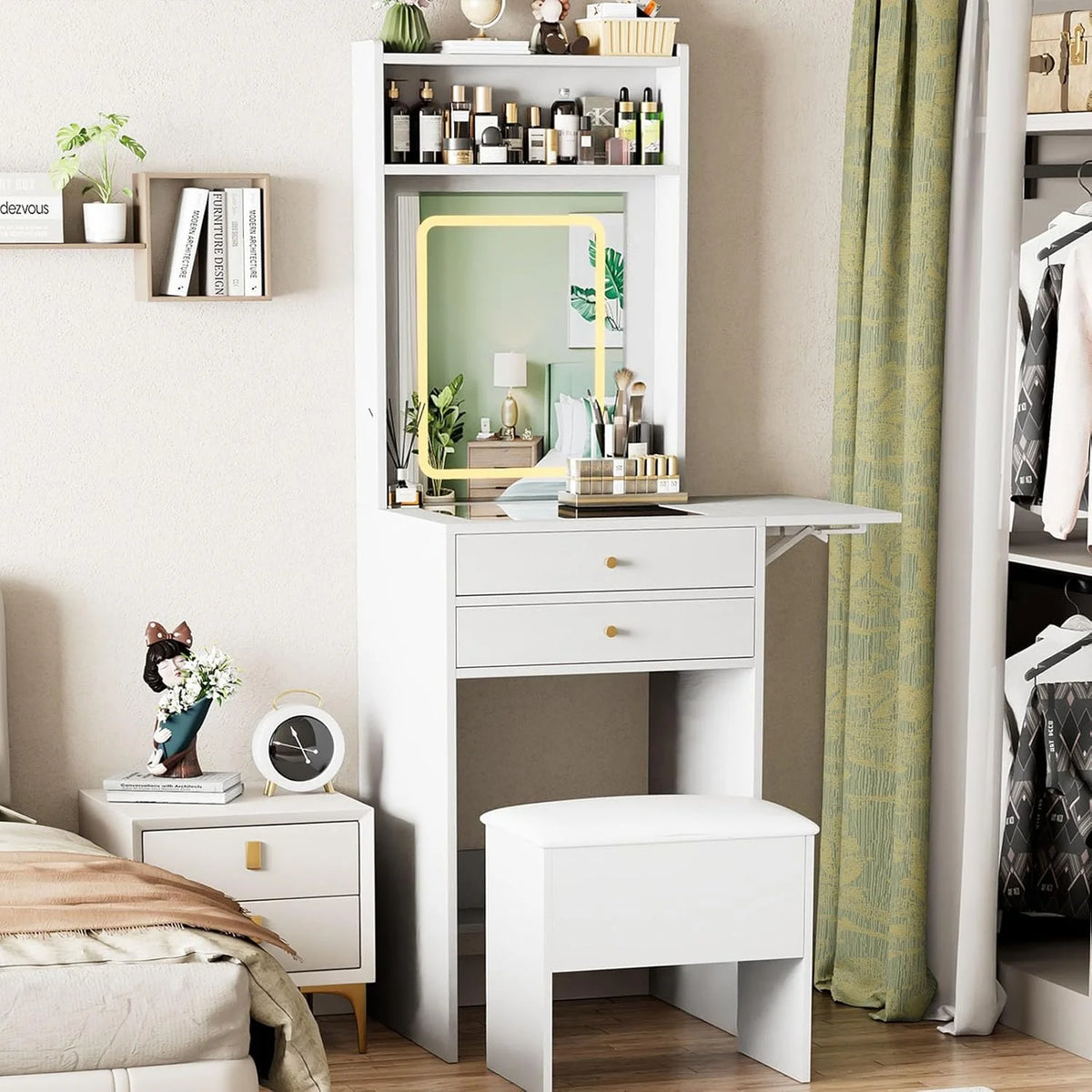 Montary Modern Mini Vanity w/Adjustable LED Mirror + Hidden Storage, Padded Stool & Dustproof Shelves (White)