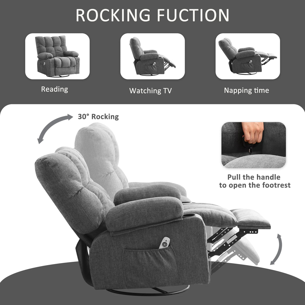 JONPONY Manual Recliner Chair with Heat Therapy and Massage Function, Heavy Duty Reclining Mechanism Massage Chair, Elderly Single Rocker Sofa with Cup Holders for Bedroom Home Theater,Grey