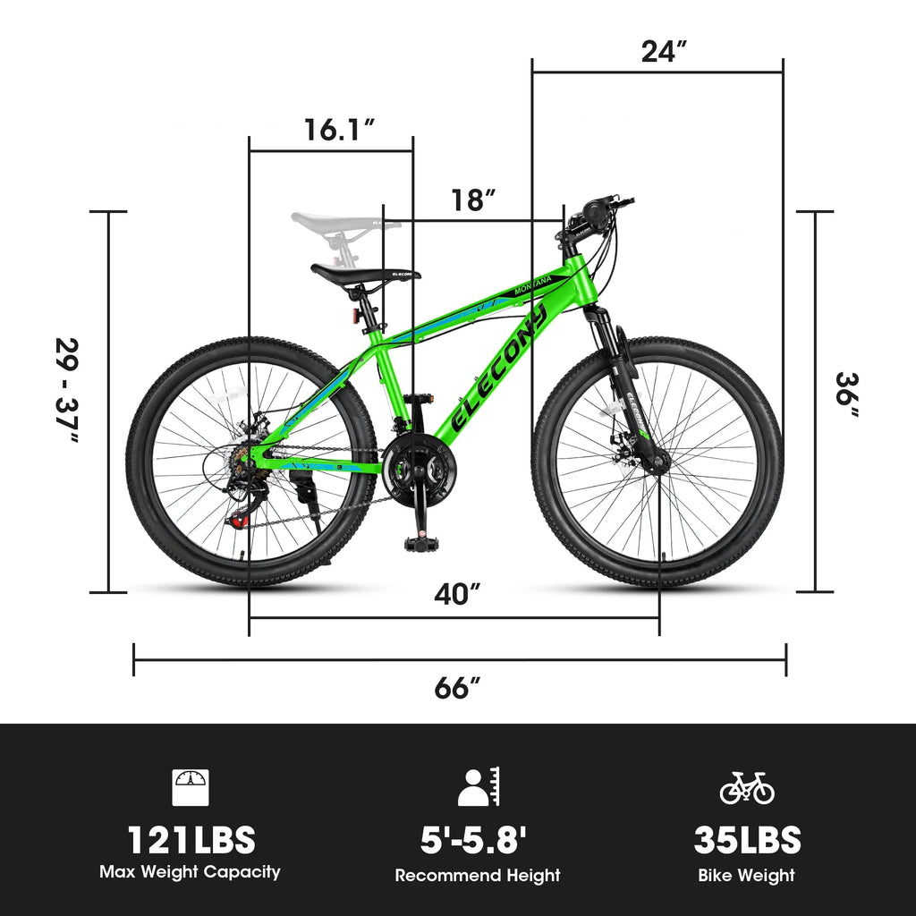 24" Mountain Bike, Aluminum Mountain Bike for Adult with Disc Brakes, Shimano 21 Speeds Bike for 14-18 Yeas Old ,Green