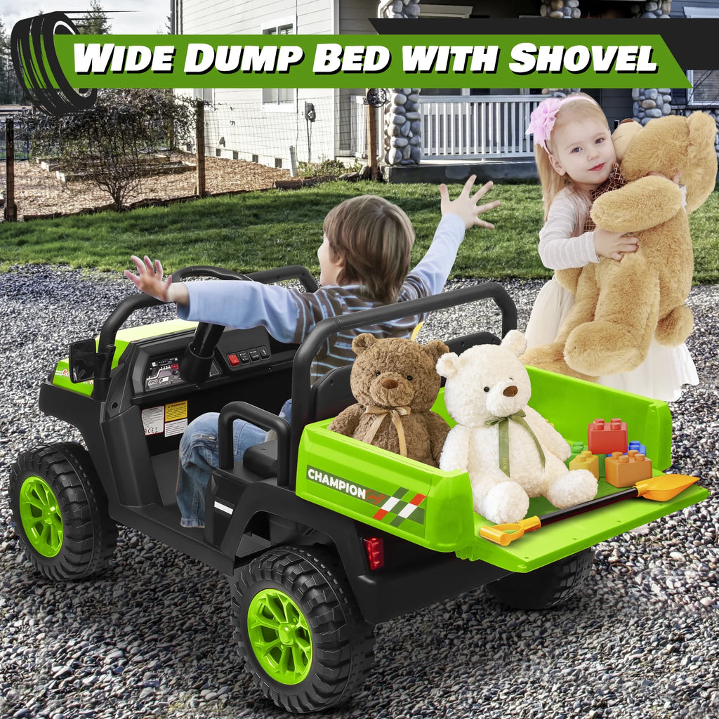Joyracer 4WD 24 Volt Ride on Toys UTV with 2 Seater & Remote Control, Kids Electric Golf Cart w/ 4x200W Power Motors, Tiltable Trailer & Shovel, 4 Wheels Spring Suspension, Bluetooth USB Music, Black
