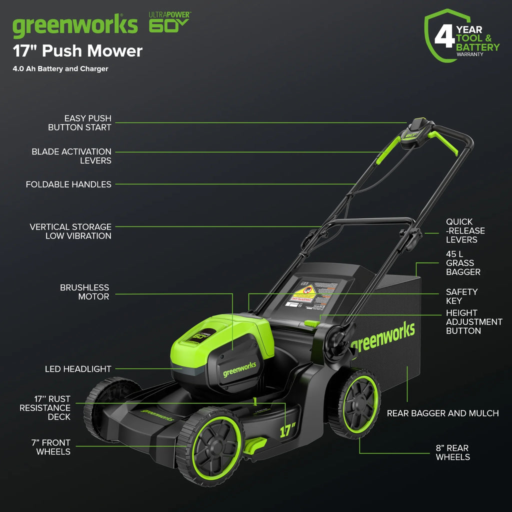 Greenworks 60V 17" Cordless Battery Push Lawn Mower w/ 4.0Ah Battery & Charger