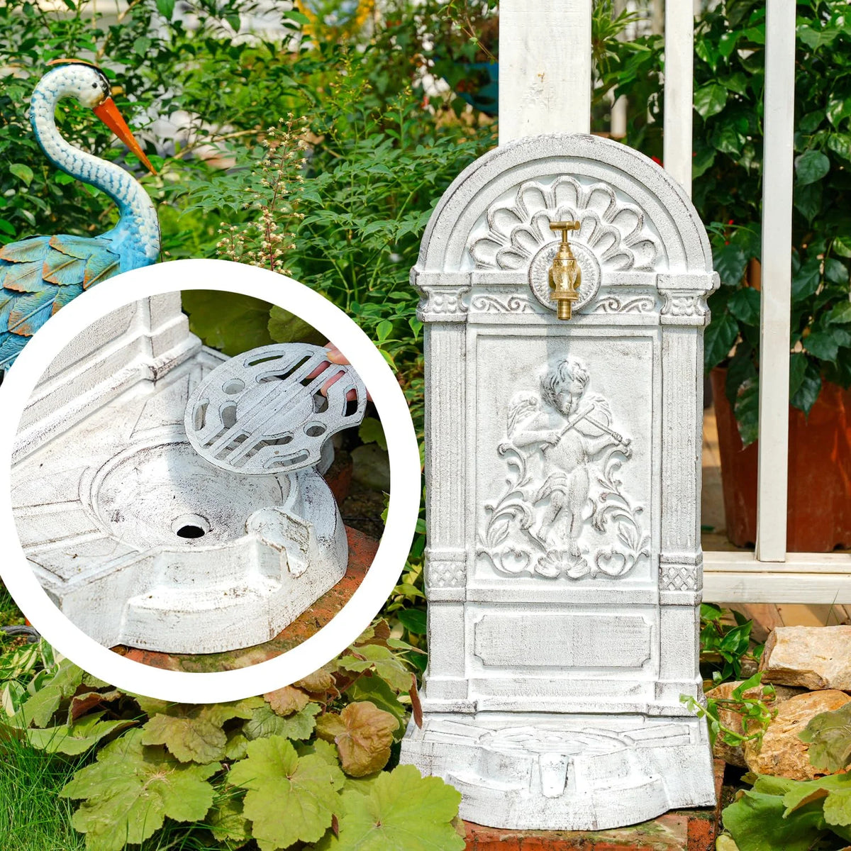 Sungmor Cast Iron Outdoor Water Column with Faucet, Freestanding Floor Farm Yard Decor, Green, 1 Count