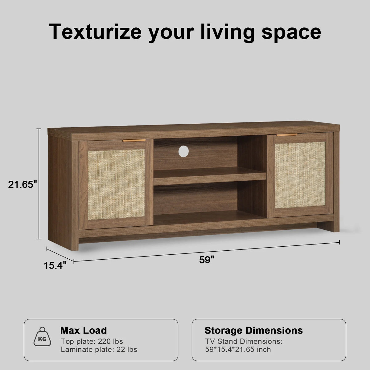 OAKHAM Rattan Tv Stands for 65 Inch Tv, Modern Farmhouse Entertainment Center, TV Console Table with Storage, Wood Media Console with Cabinet, Special Walnut