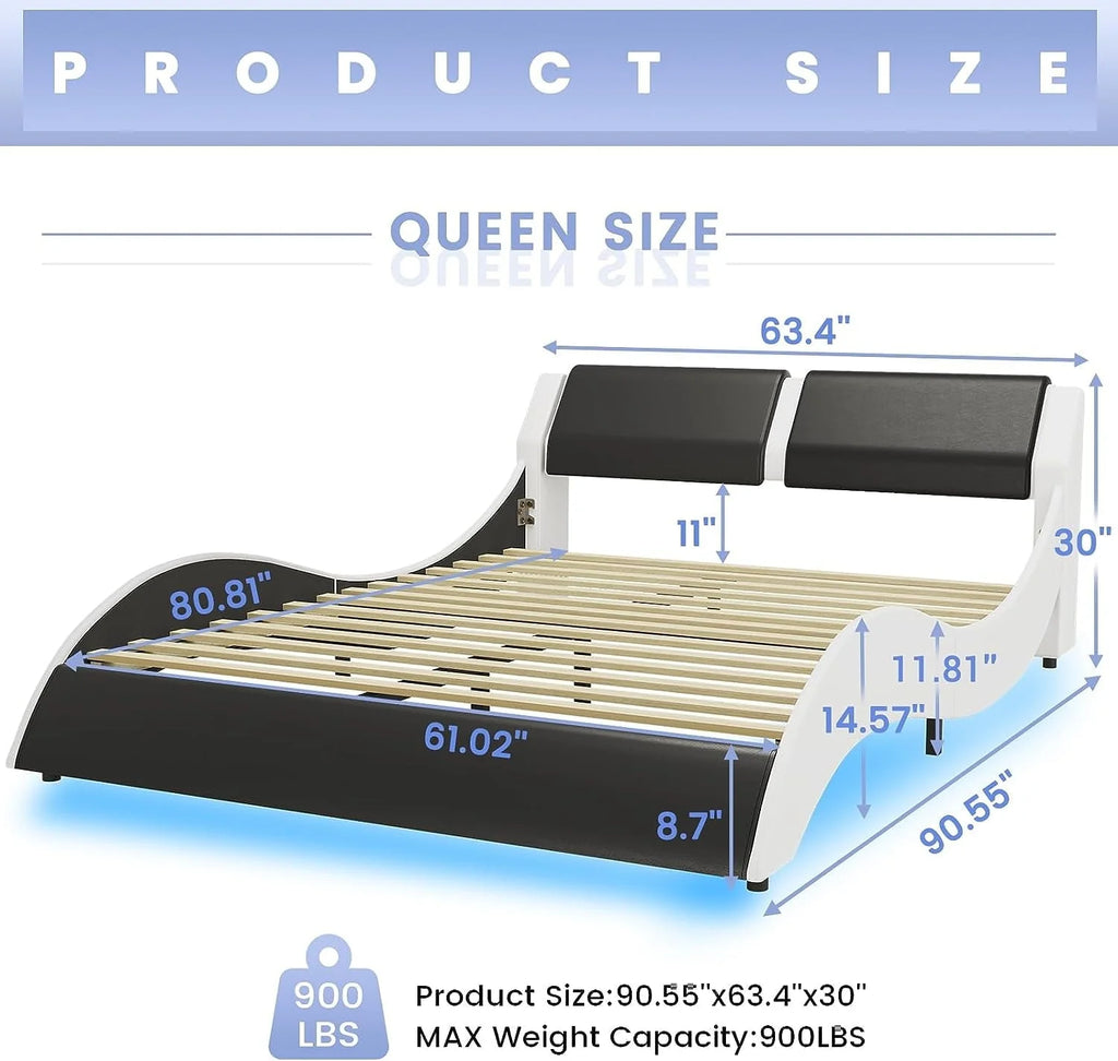 Queen Size Bed Frame with LED Lights,Modern Platform Bed Frame with Upholstered Headboard,Faux Leather Wave Like Low Profile Bed Frame,No Box Spring Needed,Black