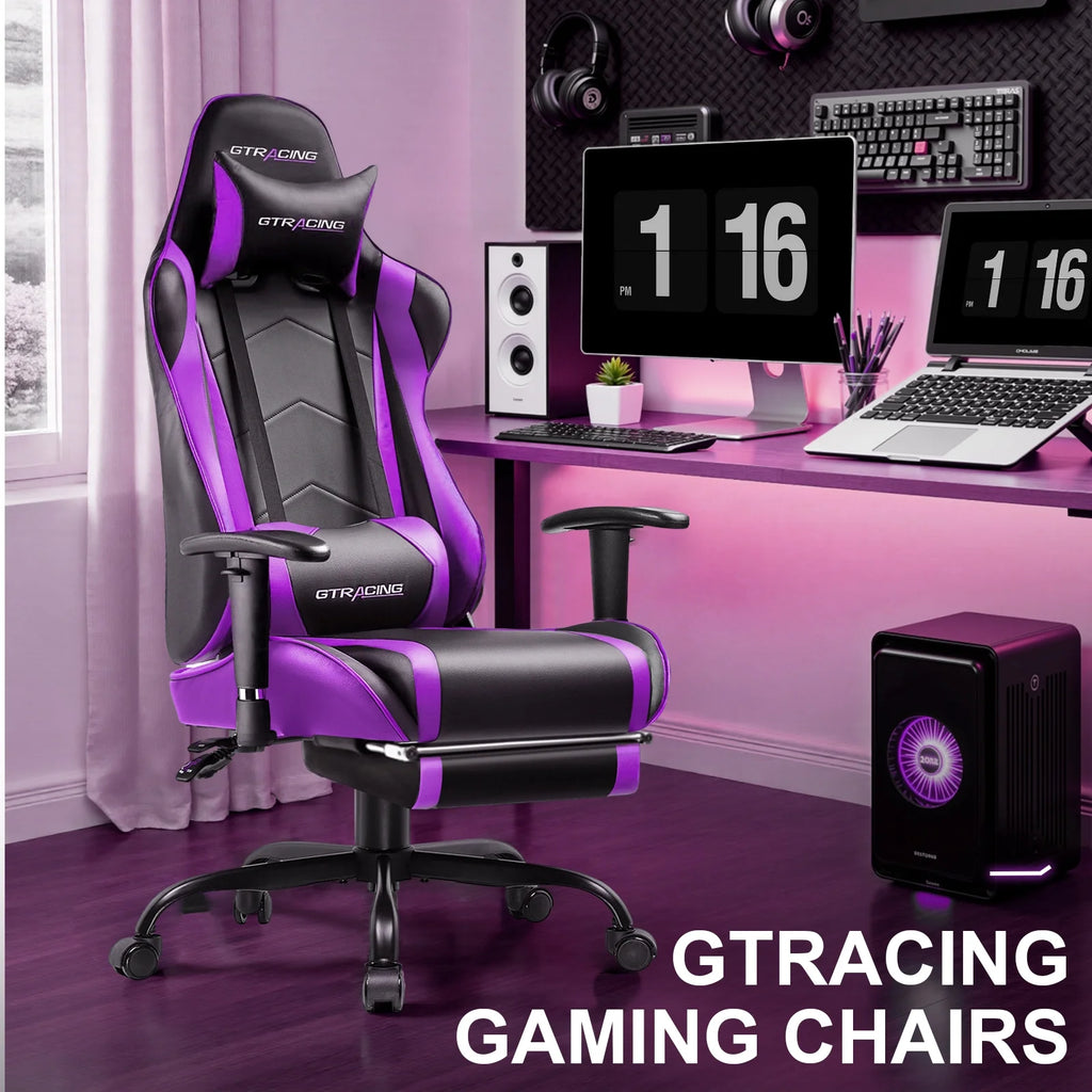 GTRACING Gaming Chair, Ergonomic Office Desk Chair with Lumbar Support, PU Leather, Footrest & Adjustable Headrest, Red