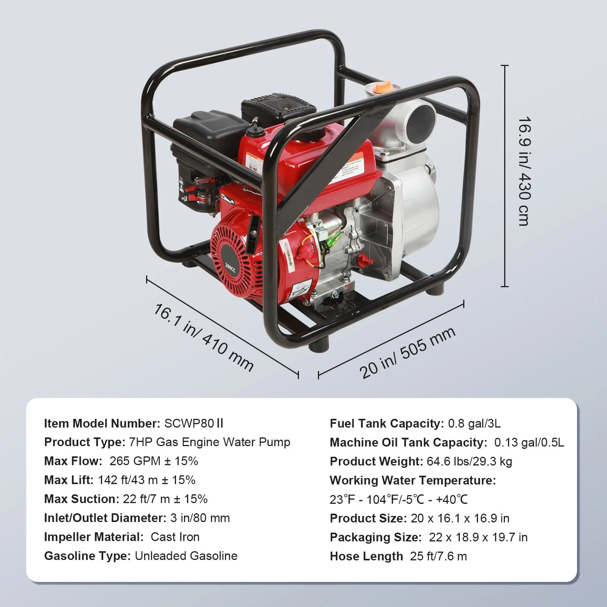 BENTISM 3" 7HP 4-Stroke Gasoline Engine Water Pump Gas Powered Water Transfer Pump