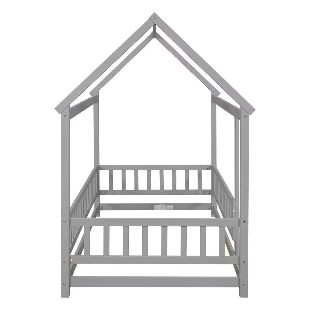 Twin Size House Bed for Boys and Girl, Wooden Canopy Bed Tent Bed, Playhouse Design Bed Frame with Full-lenth Guardrail, Bedroom Furniture, 79.5��L x 44.8��W x 66.2��H, White