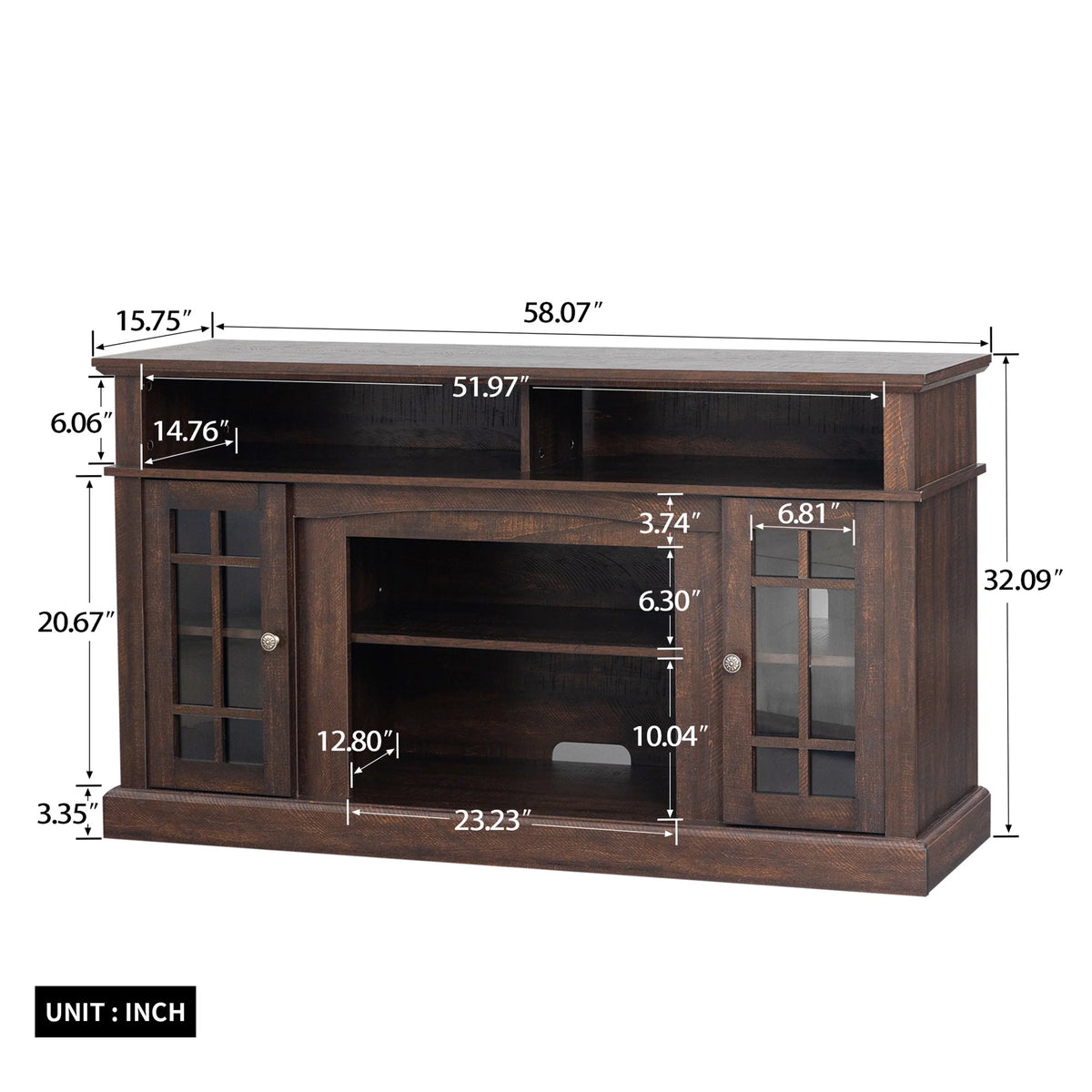 Electric Fireplace TV Stand for 65" TV, Farmhouse TV Stand for Living Room with Adjustable Shelves and Glass Doors, Media Console with Wireless Remote Control Virtual Flame Fireplace, Gray