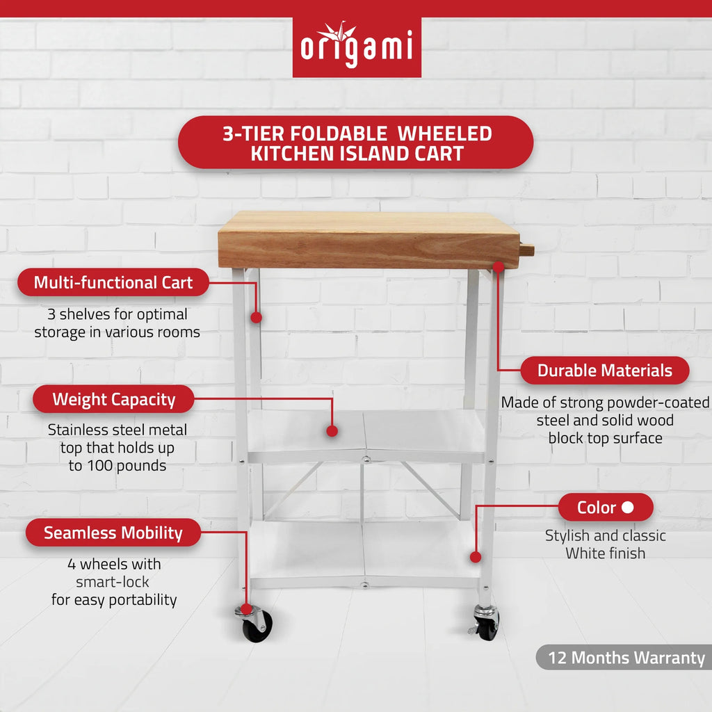 Origami Foldable Wheeled Portable Solid Wood Top Kitchen Island Bar Cart