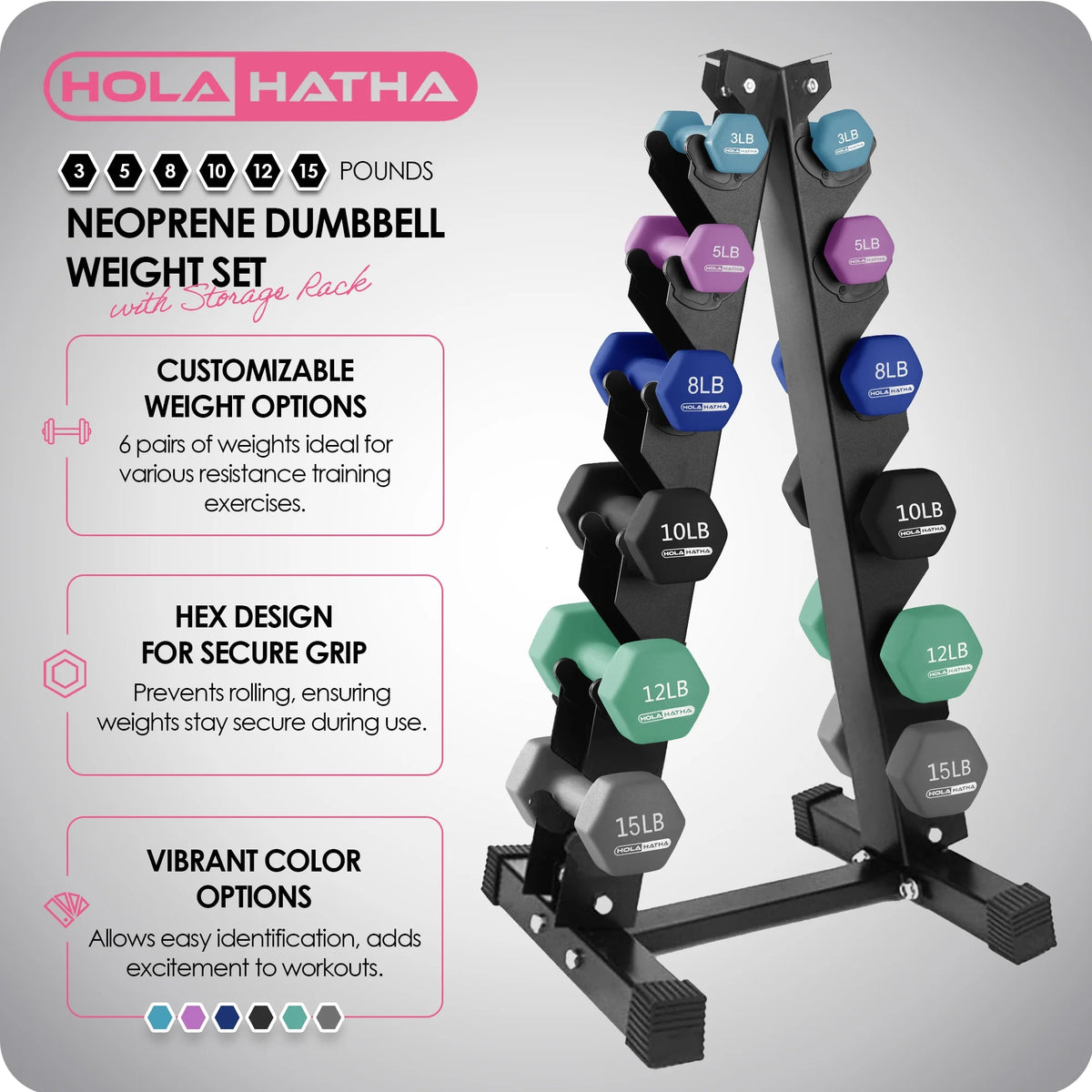 HolaHatha Neoprene Dumbbell Weight Set with Rack (Black), 112.5 lb