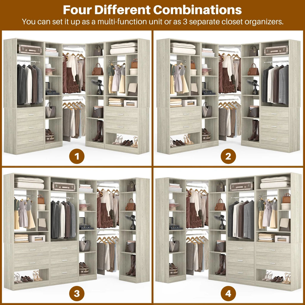 Homieasy Freestanding Closet System with 3 Sets, 87.2" Closet Organizer System with 5 Drawers & 4 Hanging Rods, Reversible L Shaped Walk-in Closets, Black