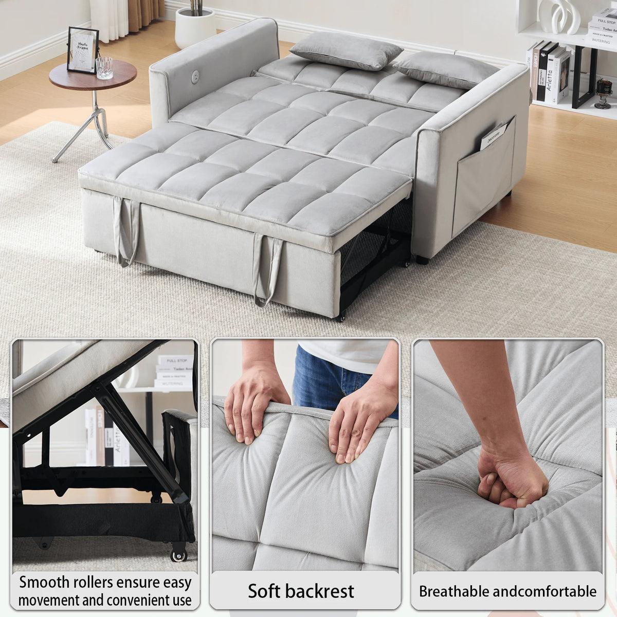 BINBANK Black Velvet 3-in-1 Convertible Sleeper Sofa Bed a?? USB Charging, Adjustable Backrest Pull-Out Futon Loveseat Couch for Living Room, Apartment & Small Space