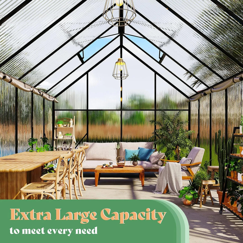 Jocisland 8x8x7 FT Polycarbonate Walk-In Greenhouse with Aluminum Frame, 2 Top-Opening Windows & 2 Swing Doors, Heavy Duty for Outdoor Garden Use, Black