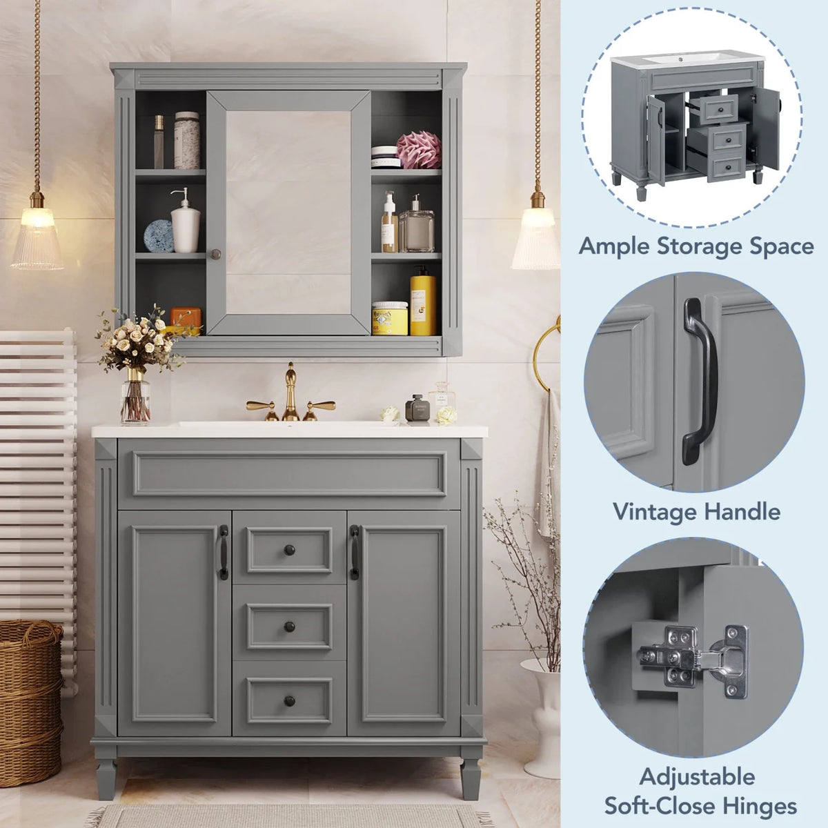 Modern Bathroom Cabinet Set with Top Sink,  Bathroom Vanity with Wall Mounted Bathroom Storage Cabinet, 2 Soft Closing Doors, 2 Drawers, Water-Resistant Paint, Grey