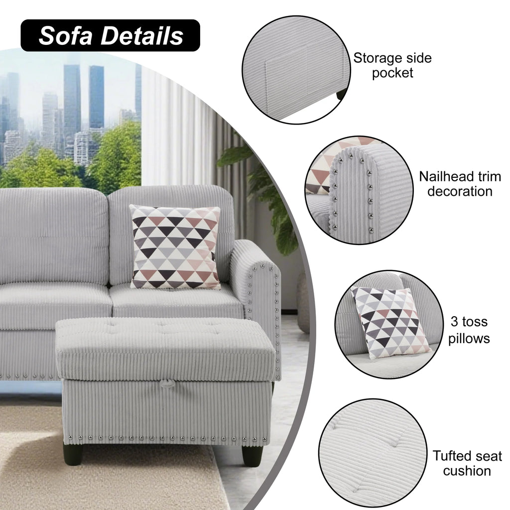 AENKYO 95�� L-Shaped Corduroy Modular Sectional Sofa with Ottoman & Cup Holders �C Living Room Couch for Apartments��Light Gray