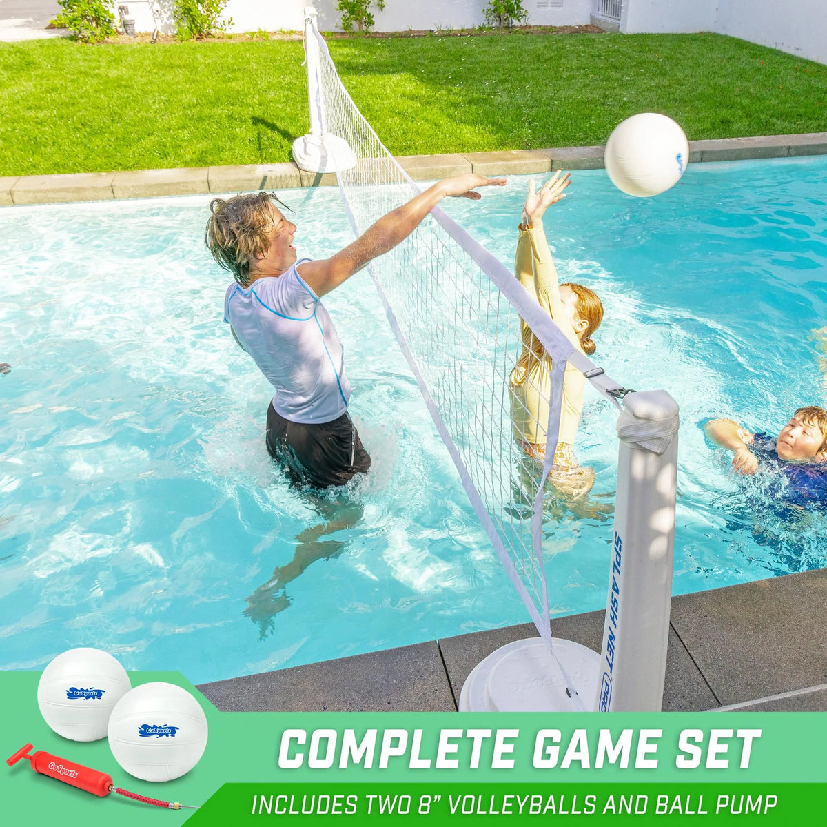 GoSports Splash Net PRO Pool Volleyball Net - Includes 2 Water Volleyballs and Pump - White