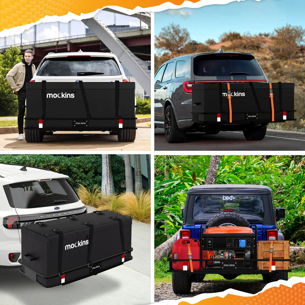 Mockins 60"x20"x6" Car Cargo Carrier Hitch Mount | 500 lbs Cap. Folding Hitch Basket with 16 CF Cargo Bag