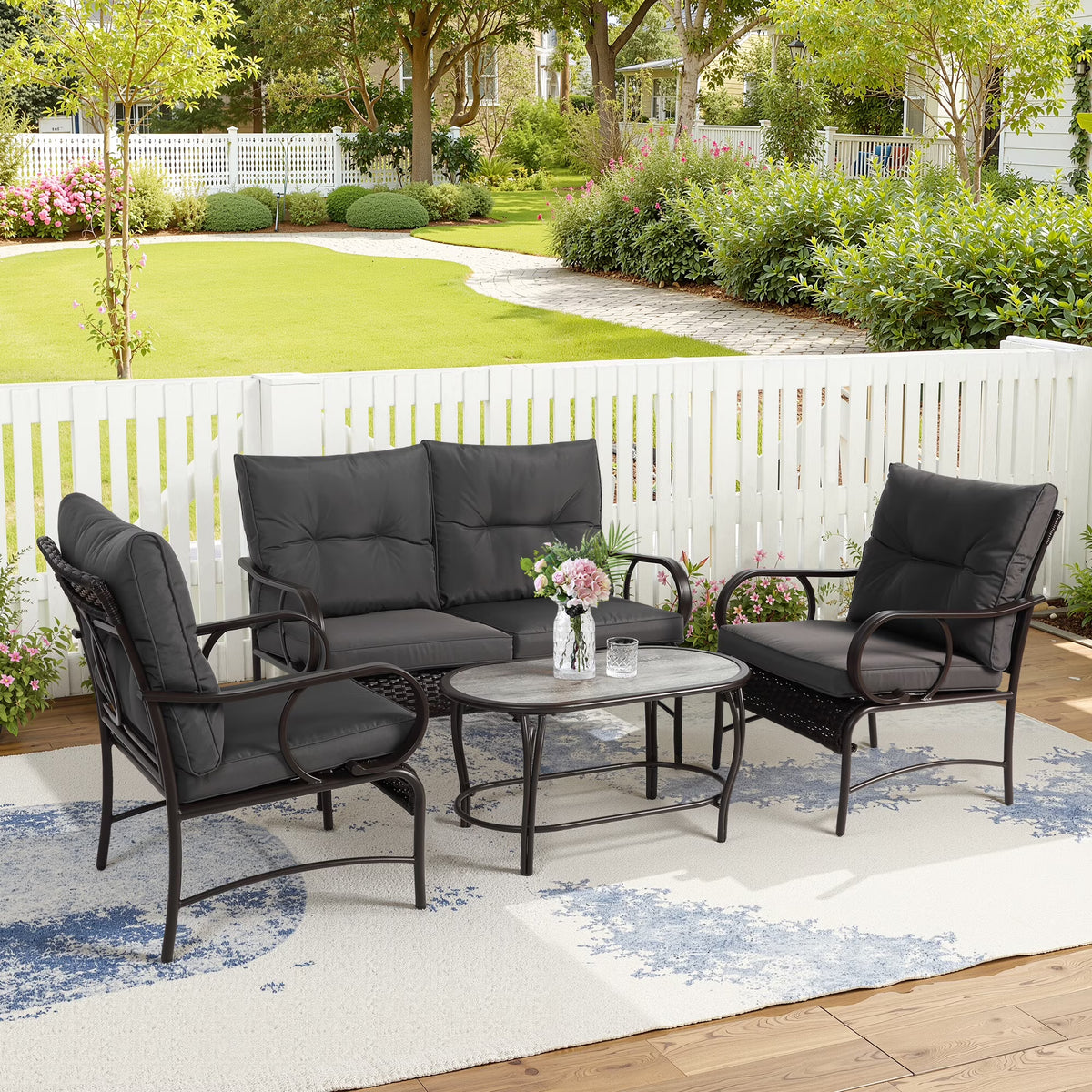Patio Sofa Set, 4 Pieces Outdoor Sectional Furniture, All-Weather PE Rattan Wicker Patio Conversation Set, Cushioned Sofa Set with Coffee Table for Patio Garden Poolside Deck