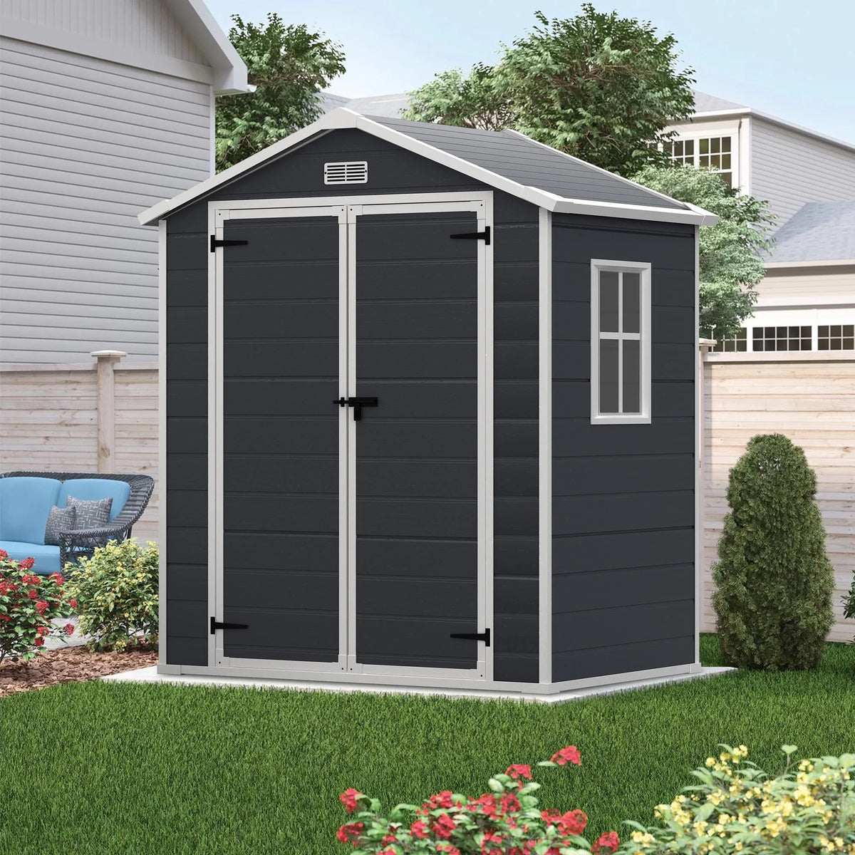 Outdoor Shed & Storage, Seizeen All-Weather Plastic Sheds 82'' H, Sloped Top Garden Shed with Window, Heavy-Duty Resin Outdoor Storage W/Floor, Gray