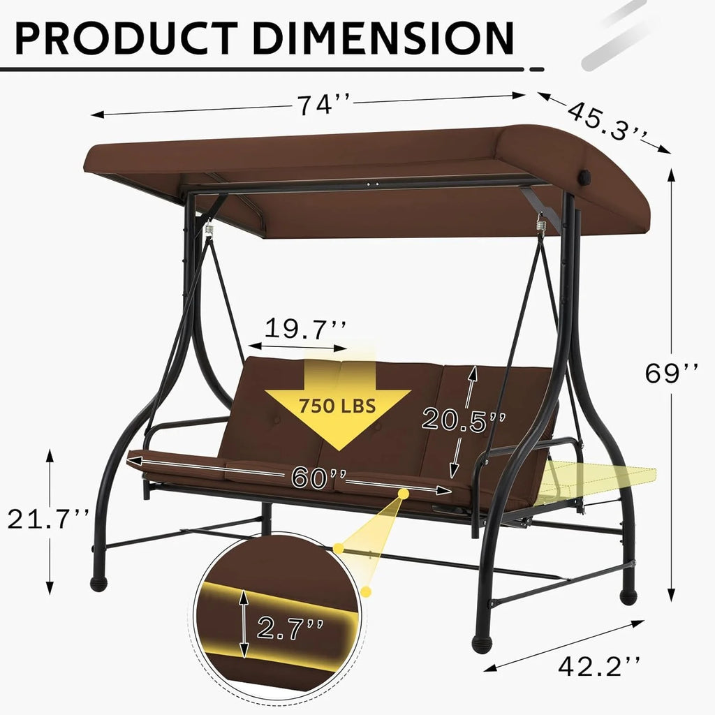 AECOJOY 3 Person Canopy Steel Porch Swing, Converting Swing Glider Hammock-Beige