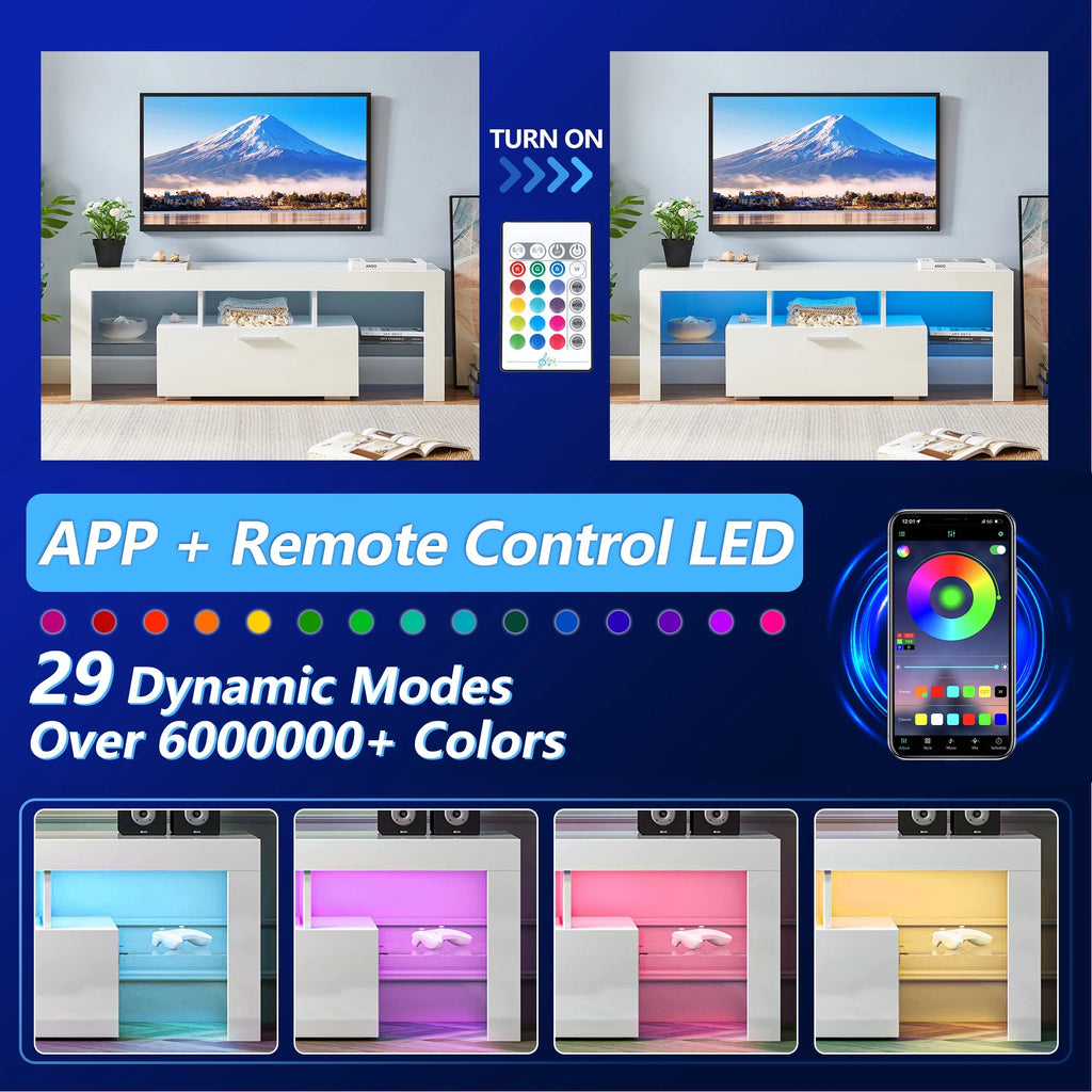 UHOMEPRO TV Stand for TV up to 70", Living Room Entertainment Center with RGB LED Lights and Storage Shelves Furniture, White High Gloss TV Cabinet Console Table