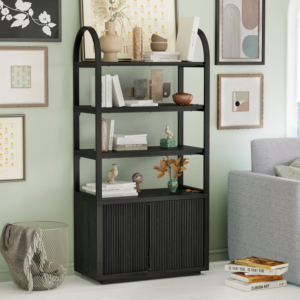 Beautiful Fluted 3-Shelf Bookcase with Storage Cabinet by Drew Barrymore, Light Honey Wood Finish