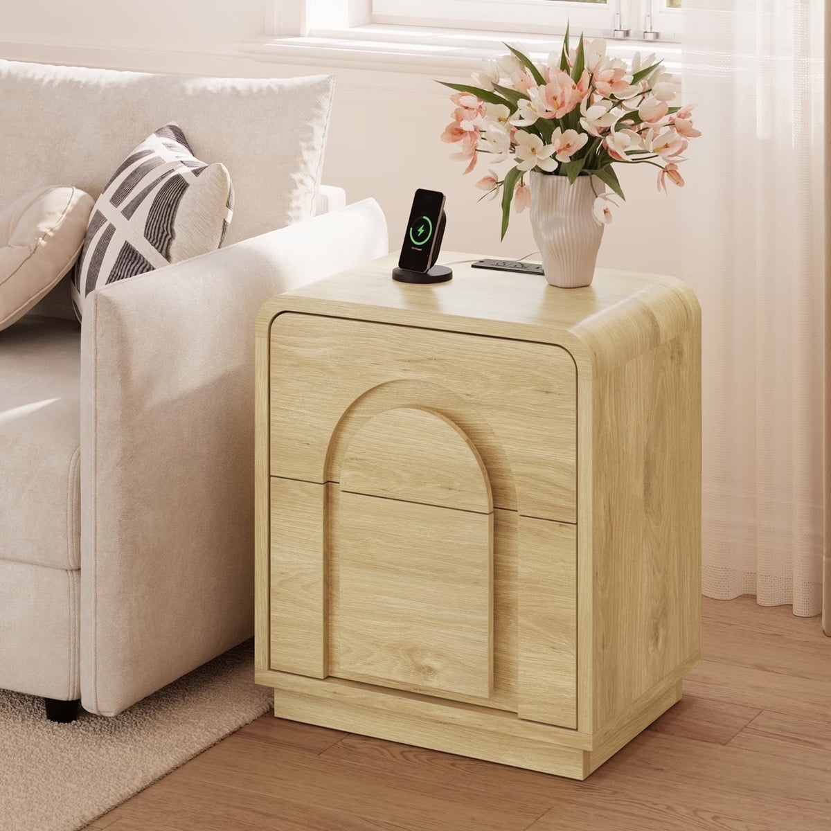 Bestier Nightstands Set of 2 with Charging Station, Modern Bedside Table End Table with Storage Drawer & Open Shelf for Bedroom Living Room Dorm Office, Natural