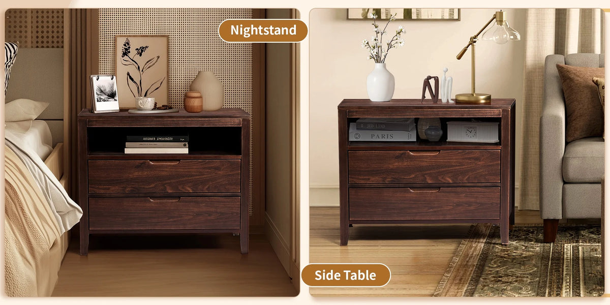 UBesGoo Nightstand 2 Drawer Dresser Side Table, Soild wood & MDF with Solid Wood Veneer, Brown