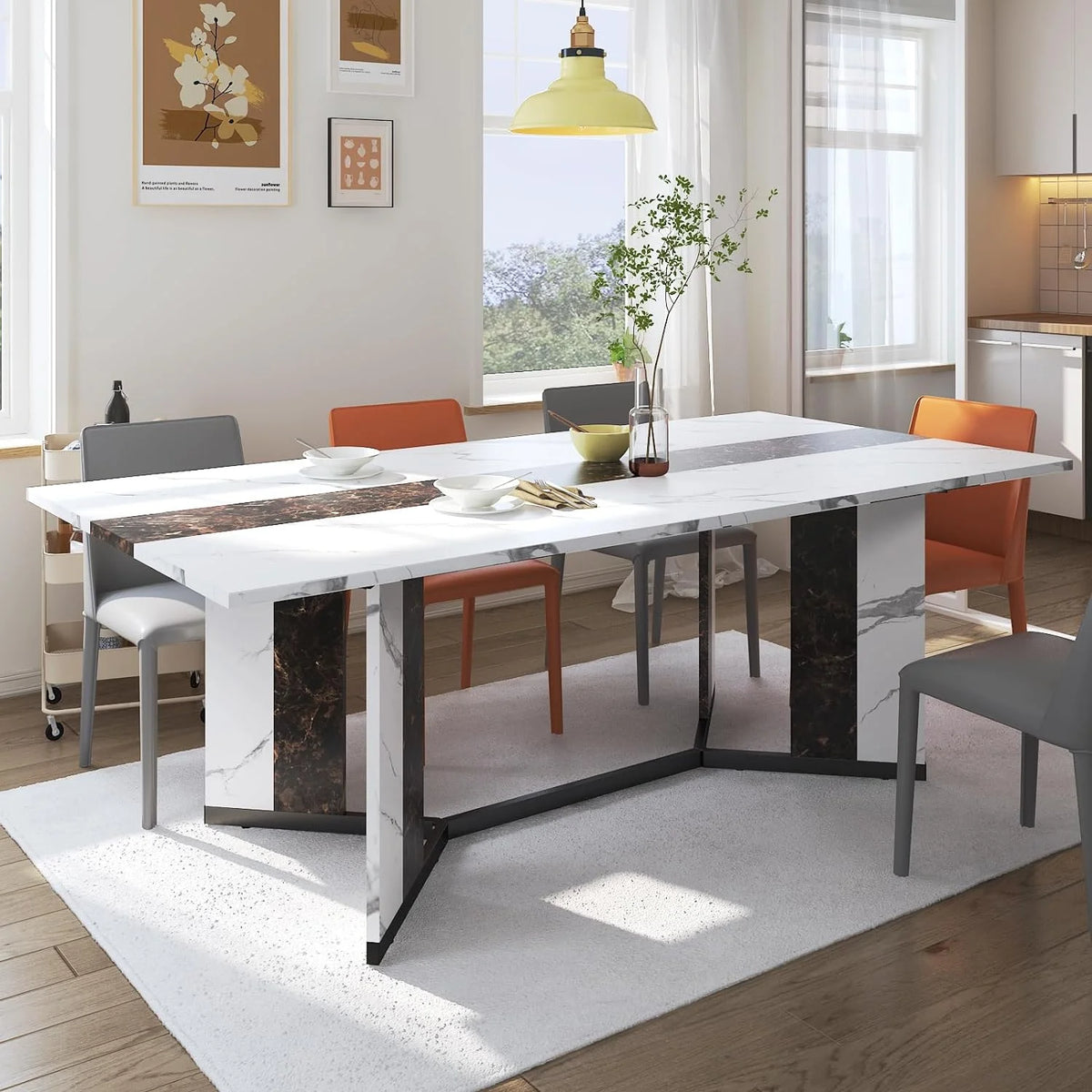 71 inch Large Rectangular Dining Table for 6-8 People, Dining Table with Marble-Color Wood Waterproof Tabletop and Adjustable Leg, 6ft Luxurious Family Dinner Table for Office Kitchen Living Room
