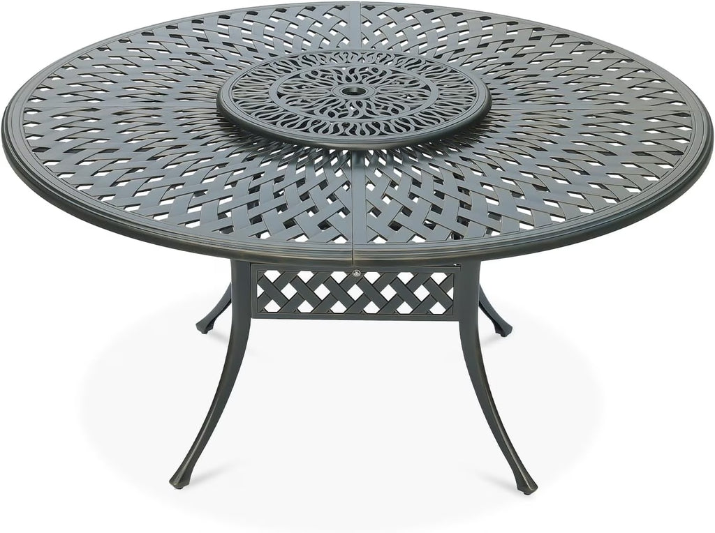 VIVIJASON Outdoor 61" Patio Dining Table for 6-8 Person, Large Patio Round Dining Table with 24" Lazy Susan, Dark Bronze Cast Aluminum Rustic Patio Table W/Umbrella Hole for Balcony, Porch and Deck