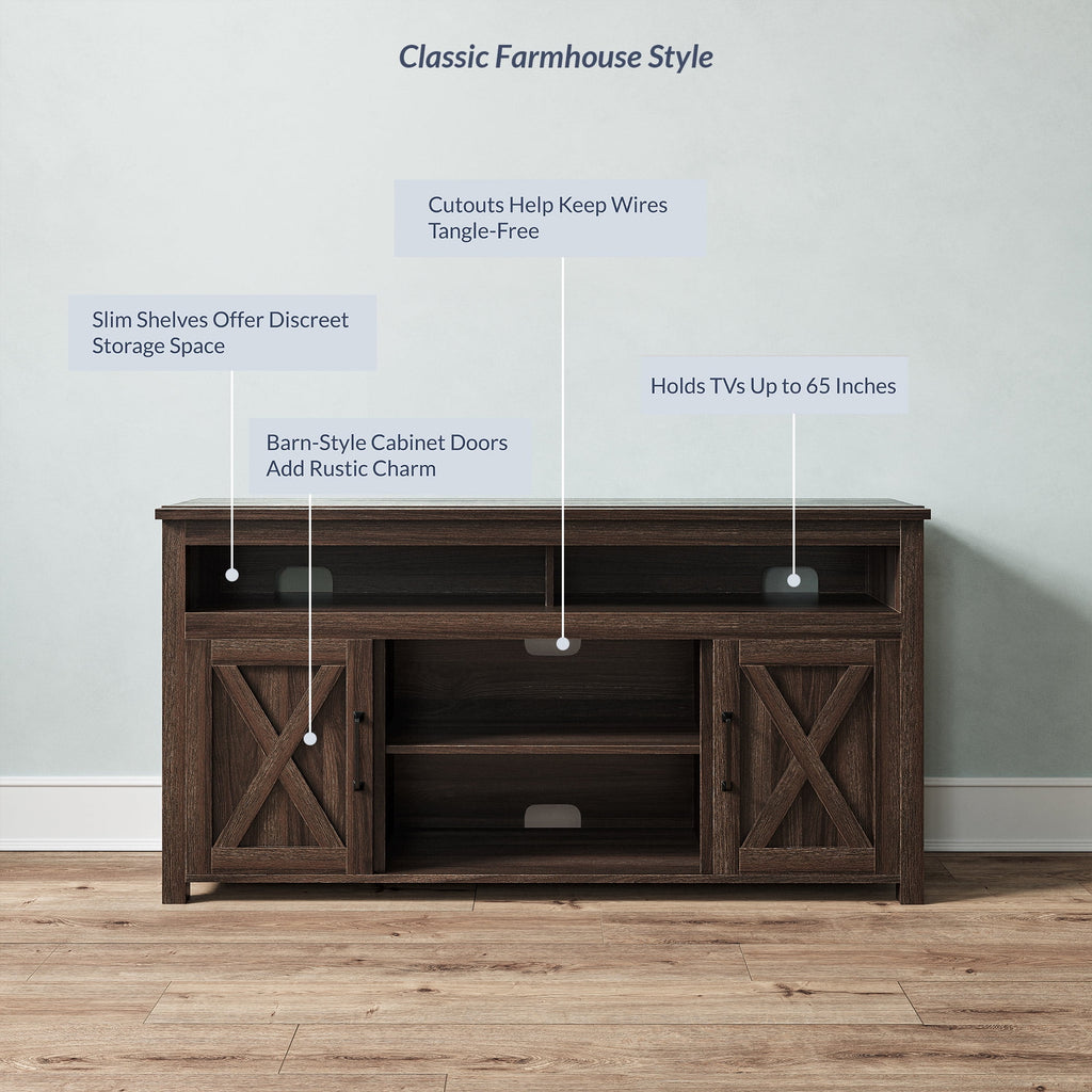 BELLEZE 58 Inch TV Stand, Contemporary Entertainment Center for TVs up to 65", Wood Media Console Table with Two Open Shelves and Barn Door Cabinets - Corin (White)