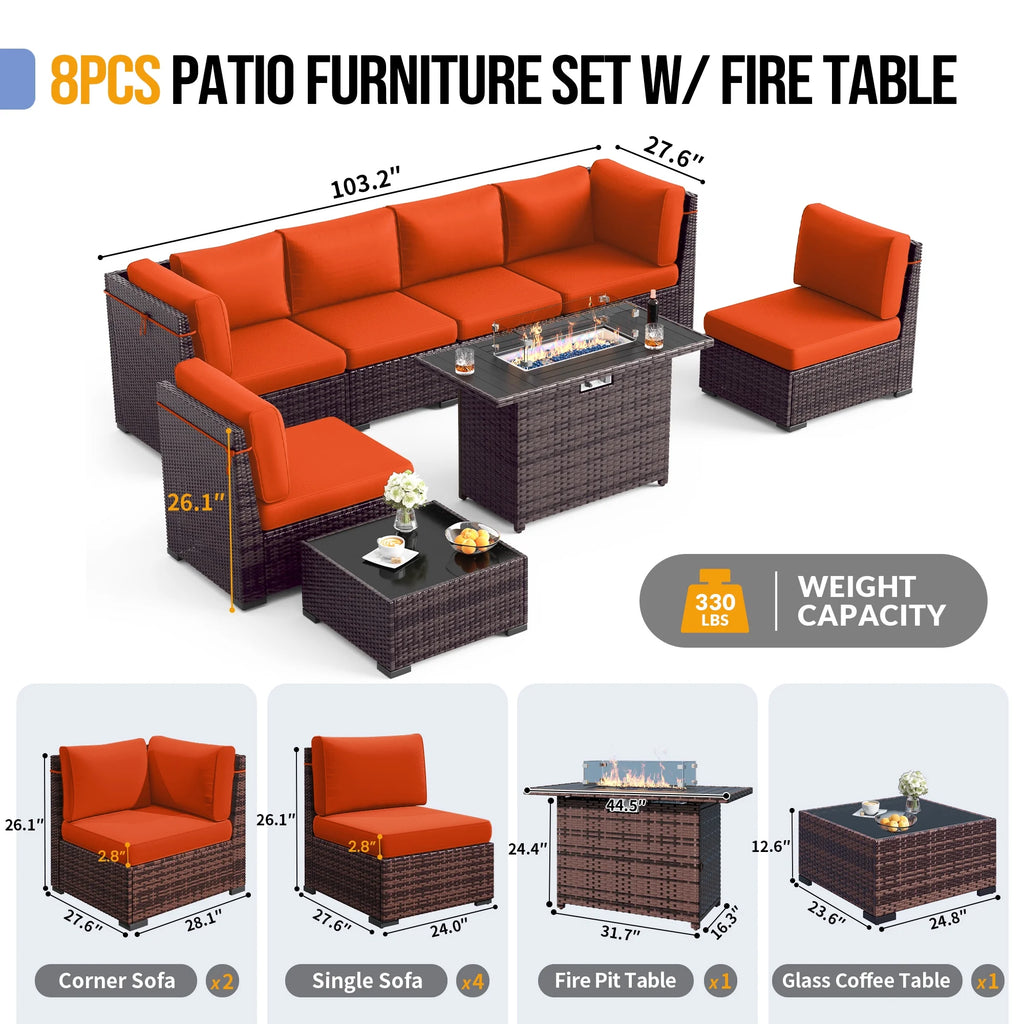 MRUAKA 8 Pieces Patio Furniture Set with Fire Pit Table, Outdoor Furniture Sectional Rattan Sofa with Slanted Back, Patio Couch with Glass Coffee Table for Backyard Garden (Dark Grey)
