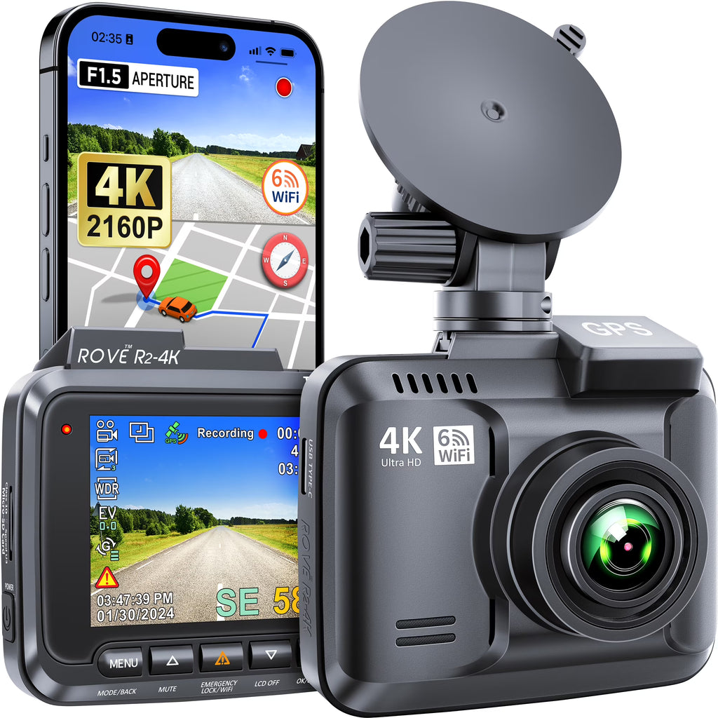 ROVE R2-4K Dash Cam Built-in WiFi 6 GPS Car Dashboard Camera Recorder with UHD 2160P, 2.4" IPS Screen, 150�� Wide Angle, WDR, Night Vision