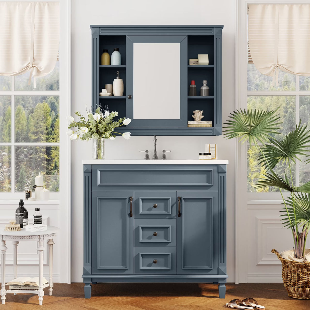 Modern Bathroom Cabinet Set with Top Sink,  Bathroom Vanity with Wall Mounted Bathroom Storage Cabinet, 2 Soft Closing Doors, 2 Drawers, Water-Resistant Paint, Grey