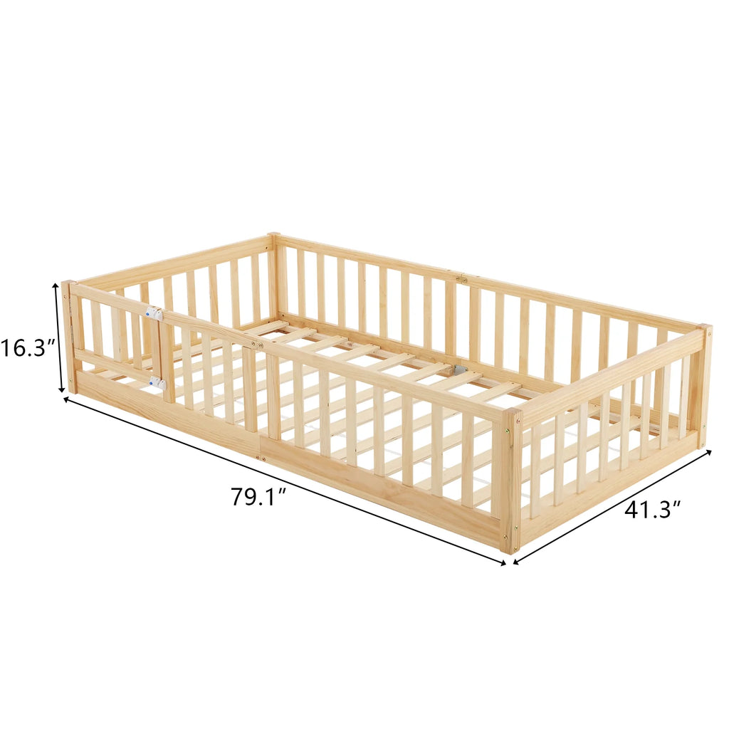 Zimtown Montessori Floor Bed Frame, Full Size Kids Toddler Bed with Fence and Door, Wooden Platform Bed, White