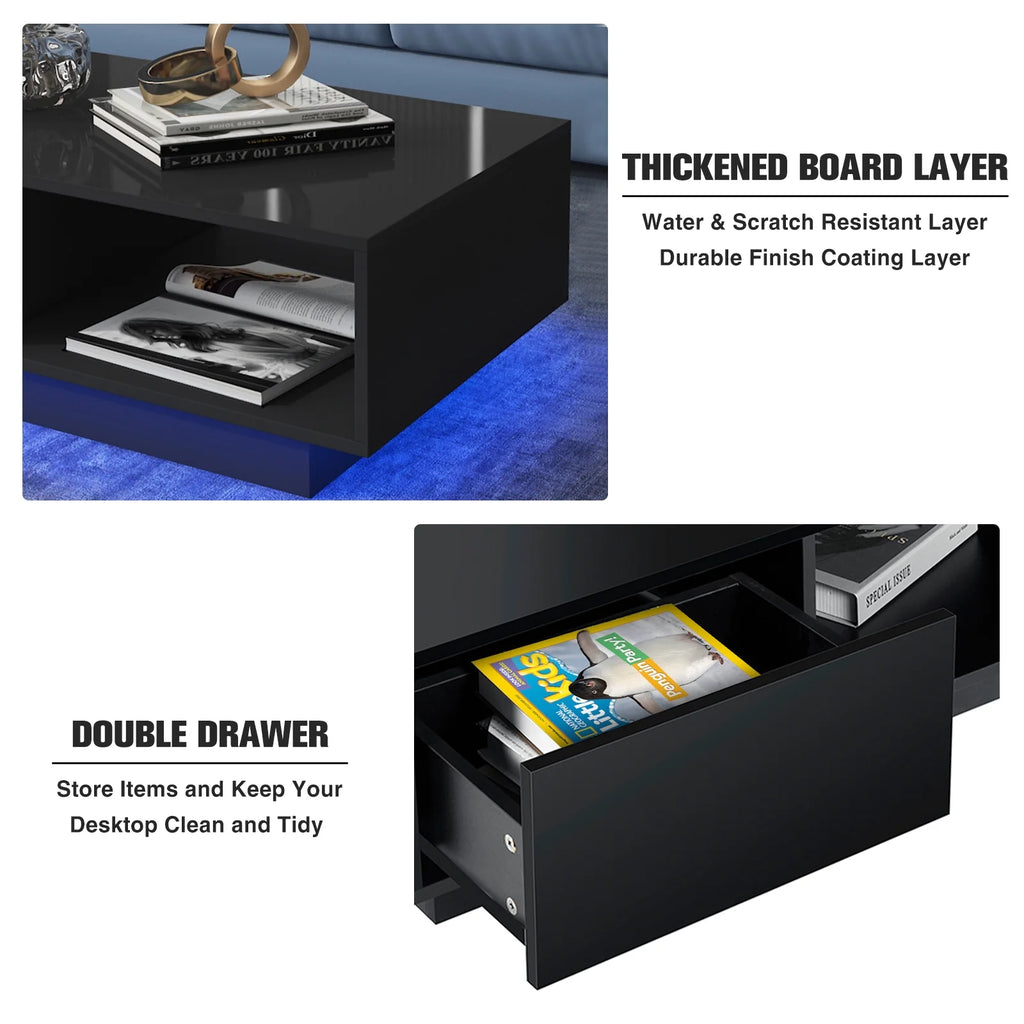Hommpa LED Coffee Table Modern Side Tables High Gloss Black Cocktail Table with 2 Drawers Open Shelf for Living Room