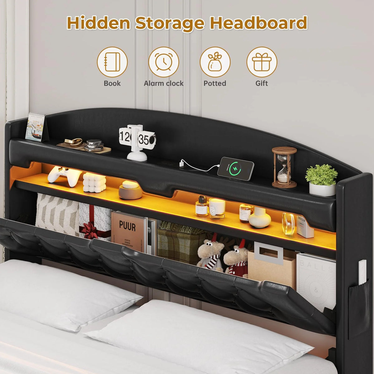 King Size Bed Frame with Storage Headboard and LED Lights,Upholstered Platform Bed with USB Port Charging,Headboard with Shelves Hidden Storage,Noise-Free,Dark Grey
