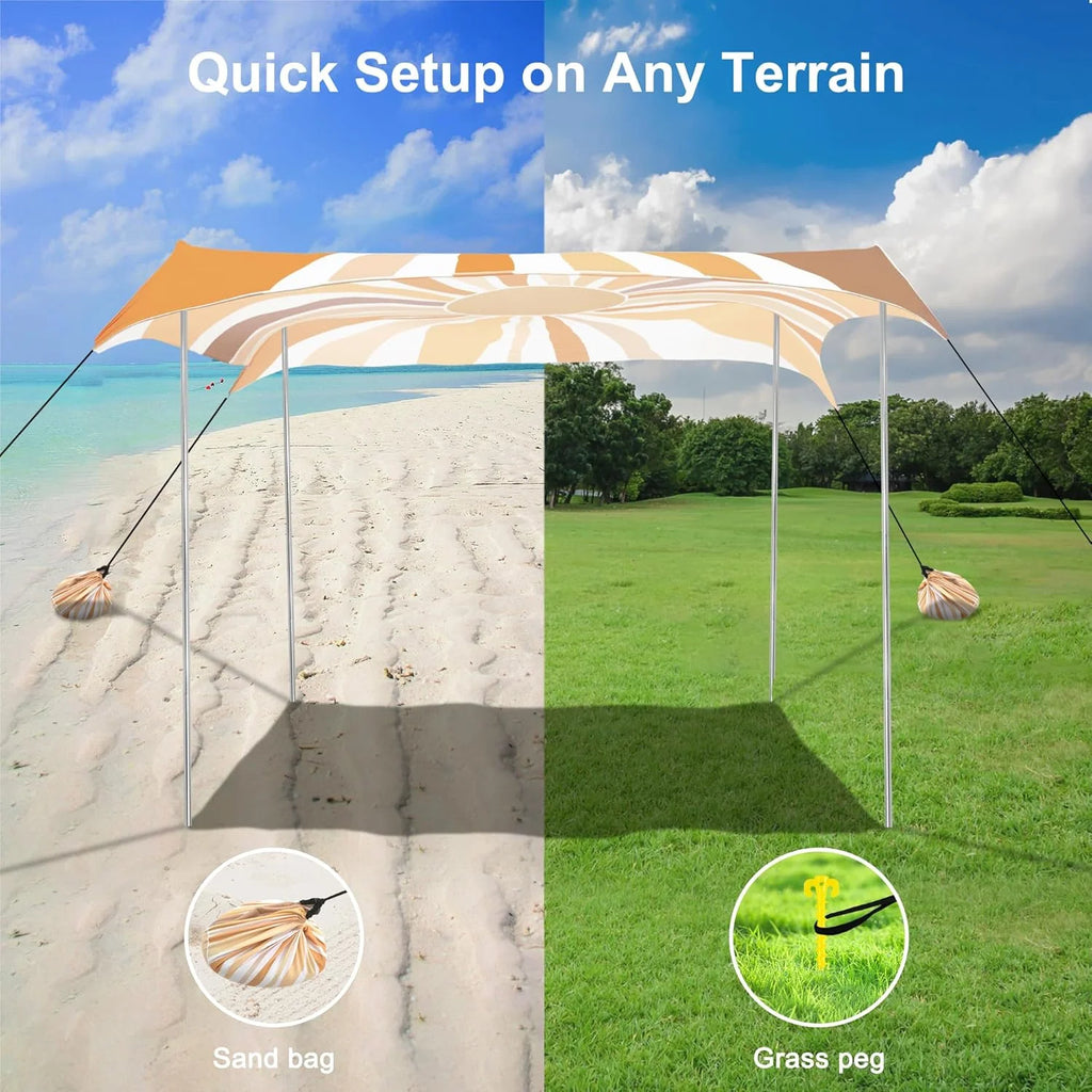 Beach Tent, UPF 50+ Beach Canopy Sun Shade, Portable 10×10 FT Large Pop-Up Beach Tent Sun Shelter with Sand Anchors, Ground Pegs, Easy Setup for Beach, Camping, Park, and Backyard Fun