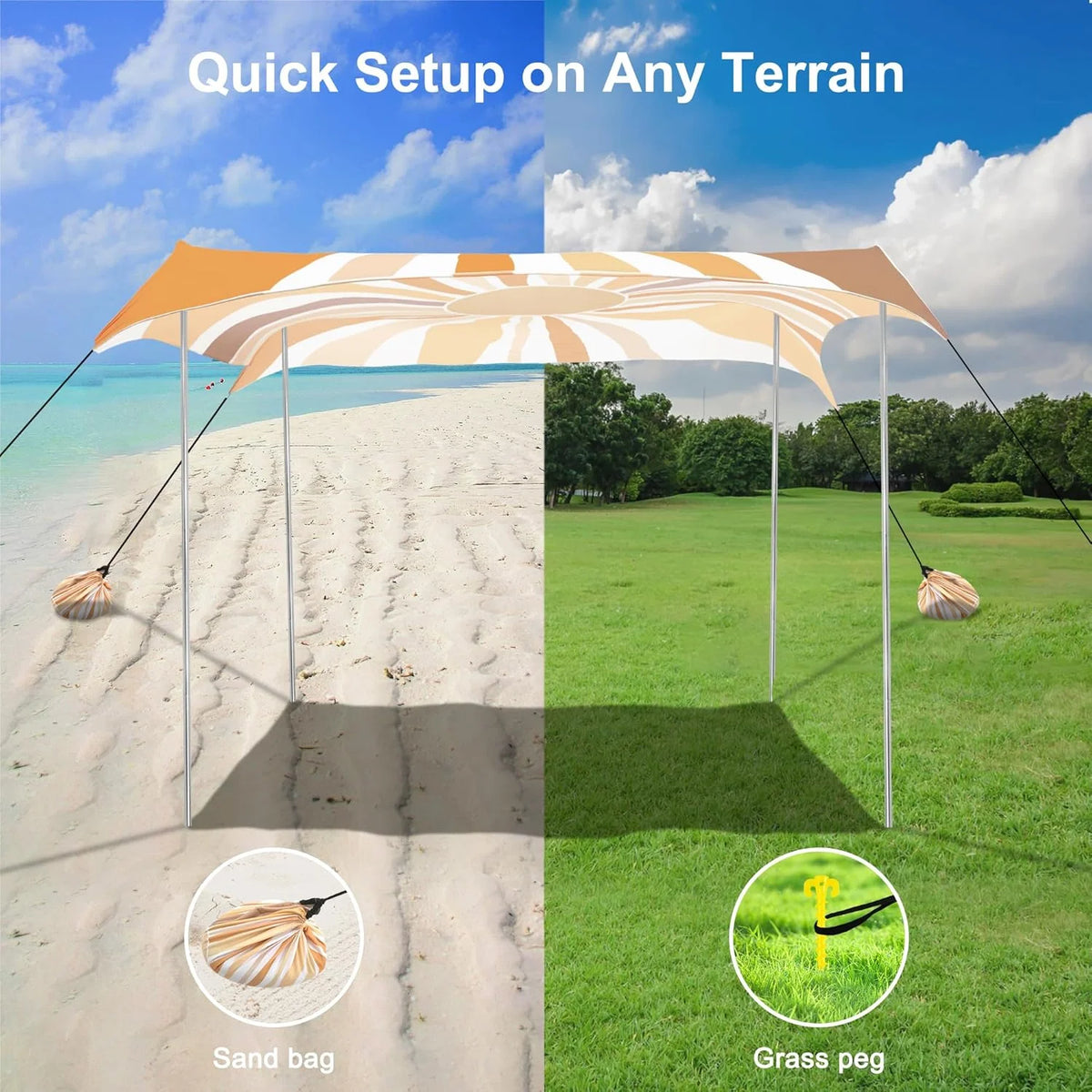 Beach Tent, UPF 50+ Beach Canopy Sun Shade, Portable 10×10 FT Large Pop-Up Beach Tent Sun Shelter with Sand Anchors, Ground Pegs, Easy Setup for Beach, Camping, Park, and Backyard Fun