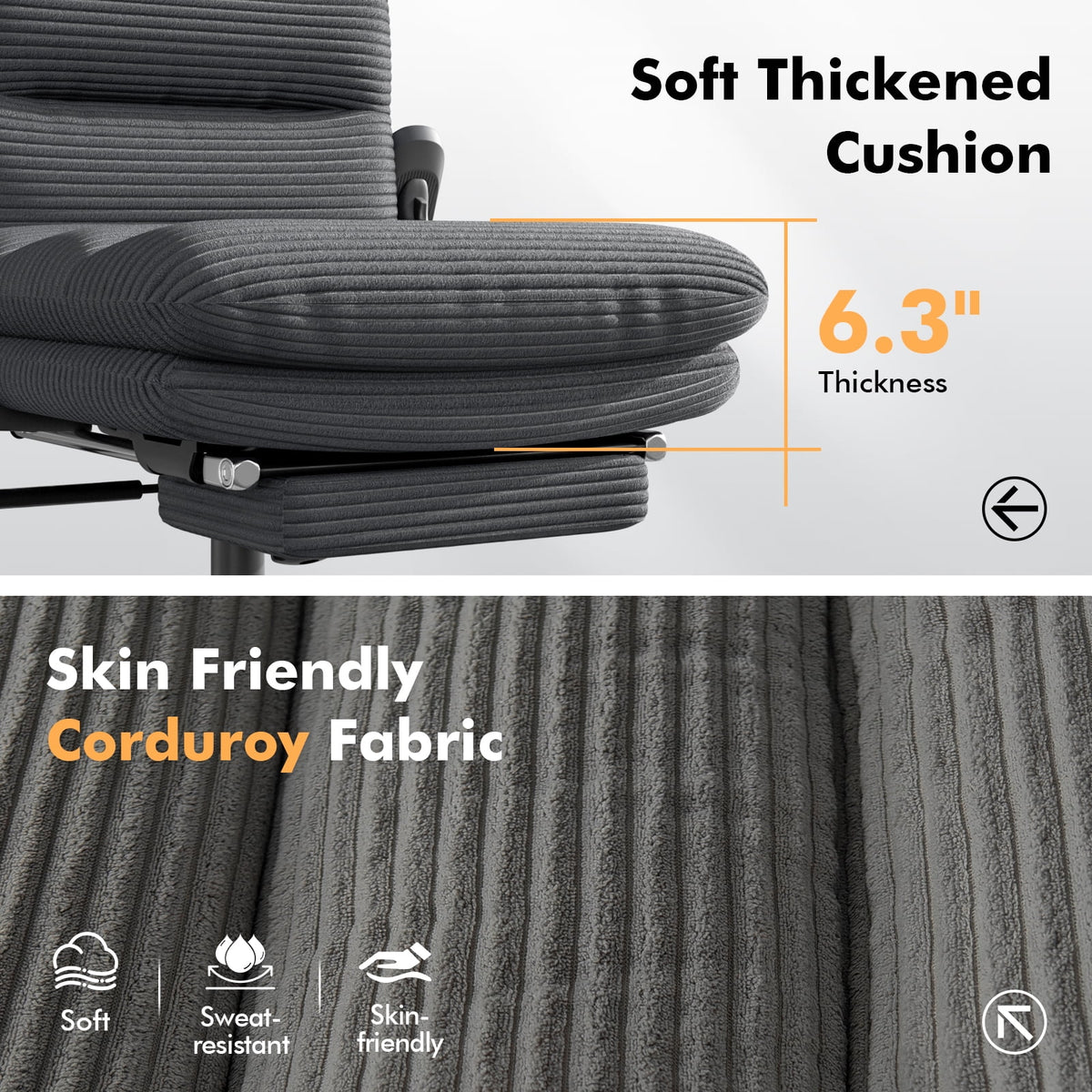 HomeZeer Ergonomic Cross-Legged Office Chair with Footrest & Headrest, Heavy Duty Executive Desk Chair with Flip-up Armrests, Corduroy Fabric Computer Criss Cross Chair for Home Office, Black