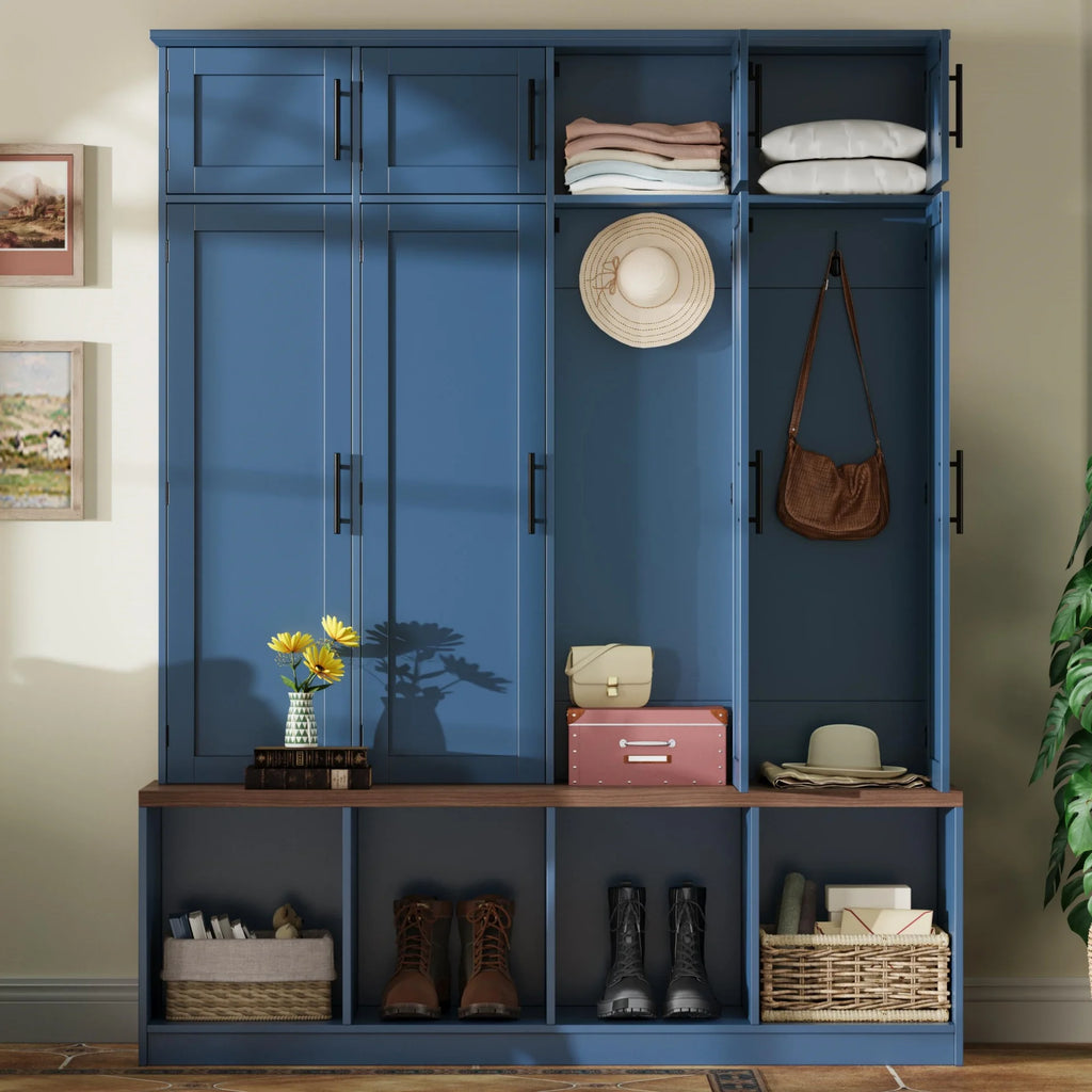Euroco Entryway Hall Tree with Bench, Shoe Storage, Coat Hooks & Cabinets �C Walnut Finish, Anti-Tip Design, Modern Mudroom Organizer